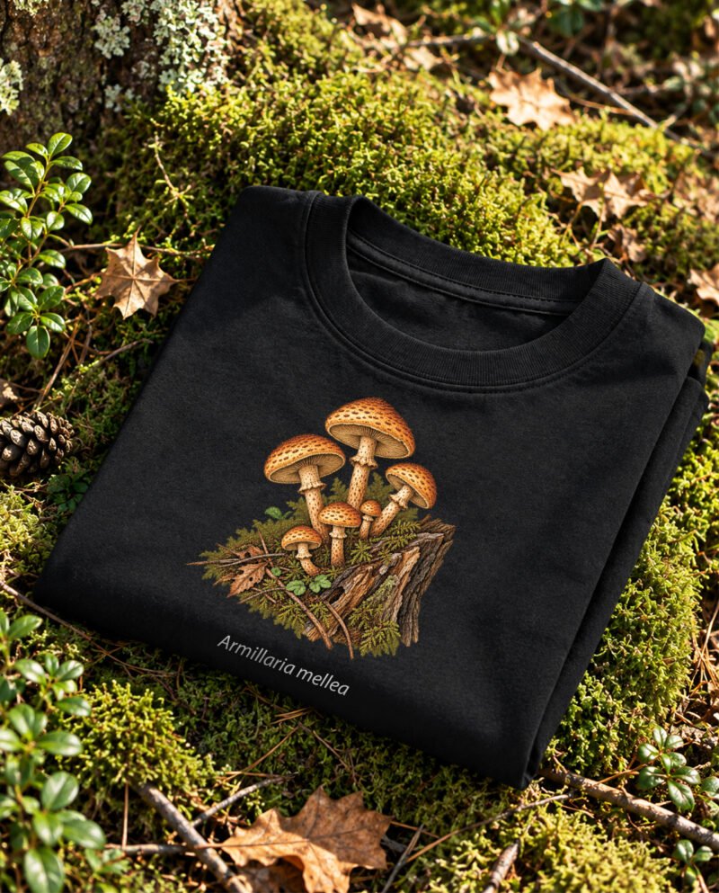 Kelmučių marškinėliai su Armillaria mellea spauda, sulankstyti ant samanų