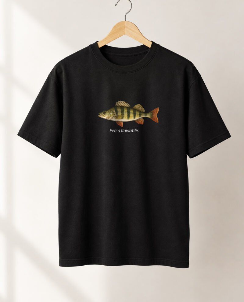 ešerio marškinėliai su Perca fluviatilis iliustracija upinio ešerio dizainu
