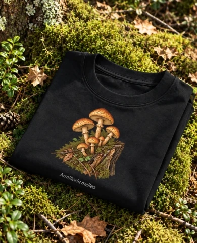 Kelmučių marškinėliai su Armillaria mellea spauda, sulankstyti ant samanų