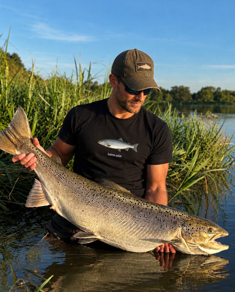 lašišos marškinėliai su Salmo salar iliustracija atlanto lašišos dizainu