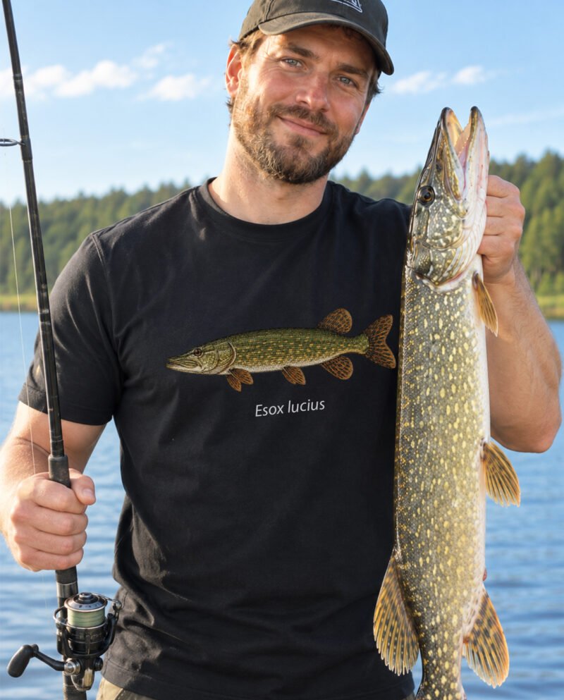 Lydekos marškinėliai su Esox lucius piešiniu – vyras rankose laiko sugautą lydeką prie ežero