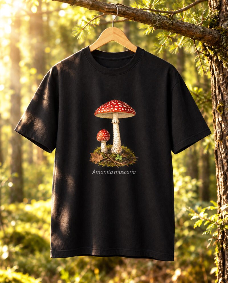 musmirės marškinėliai su botanine Amanita muscaria iliustracija