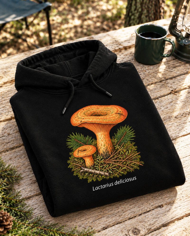 Sulankstytas juodas rudmėsių džemperis su Lactarius deliciosus spauda