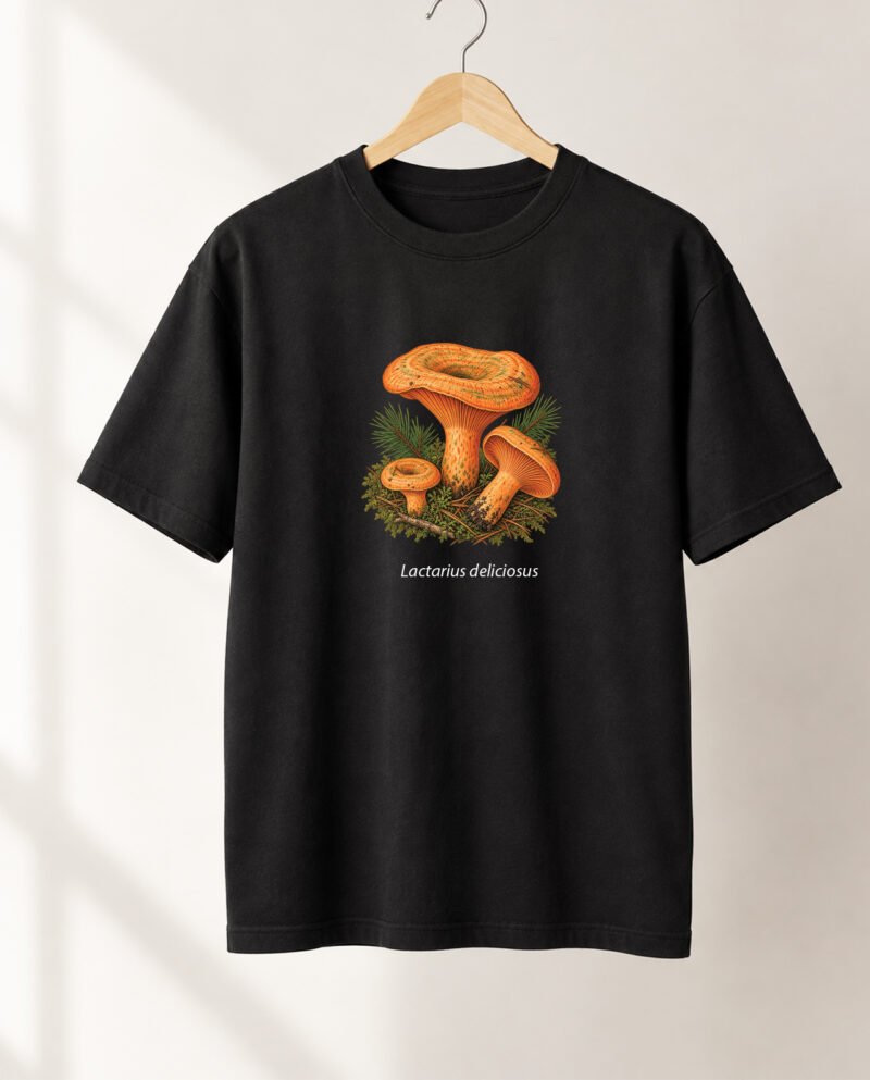 Rudmėsių marškinėliai su Lactarius deliciosus botanine spauda