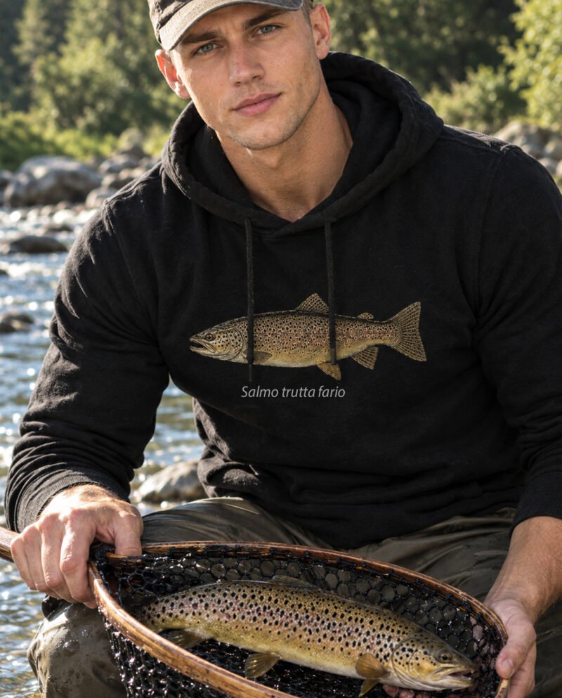 upėtakio džemperis su gobtuvu Salmo Trutta Fario iliustracija